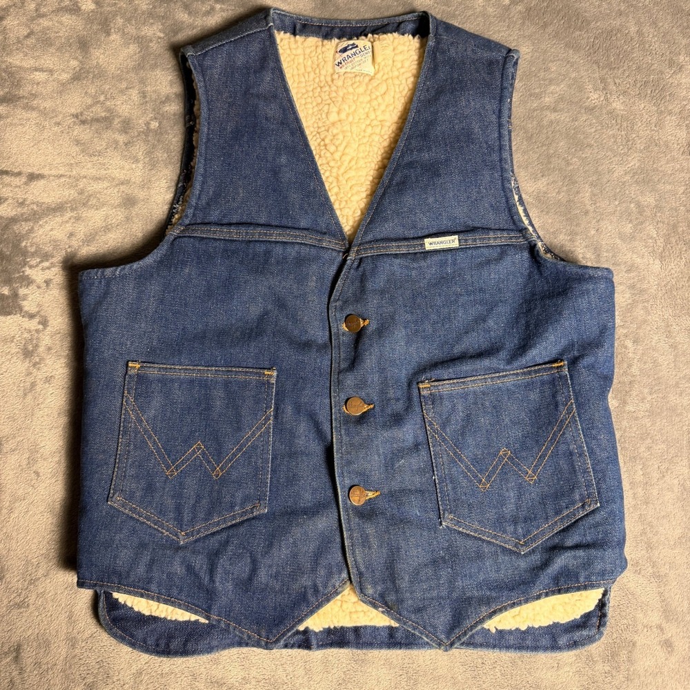 Vintage Wrangler SZ S Trucker Denim‎ Jean Sherpa Lined Vest USA Cowboy Western